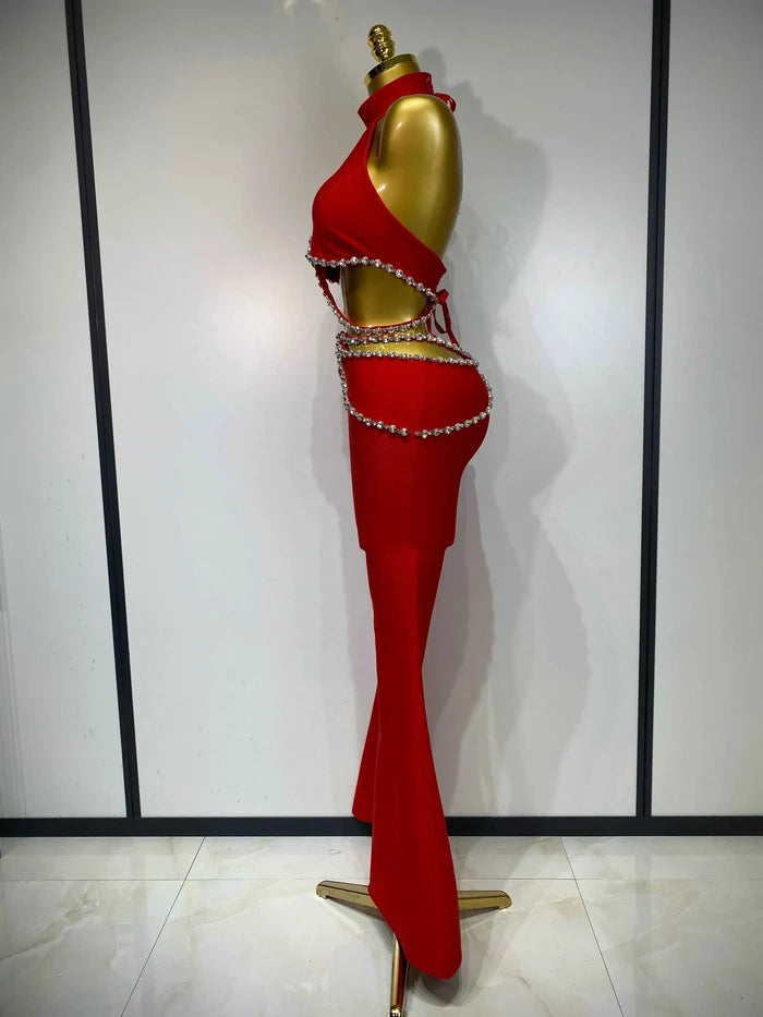 Meghan Red Rhinestone Cut-Out Bandage Two-Piece Pants Set for Women