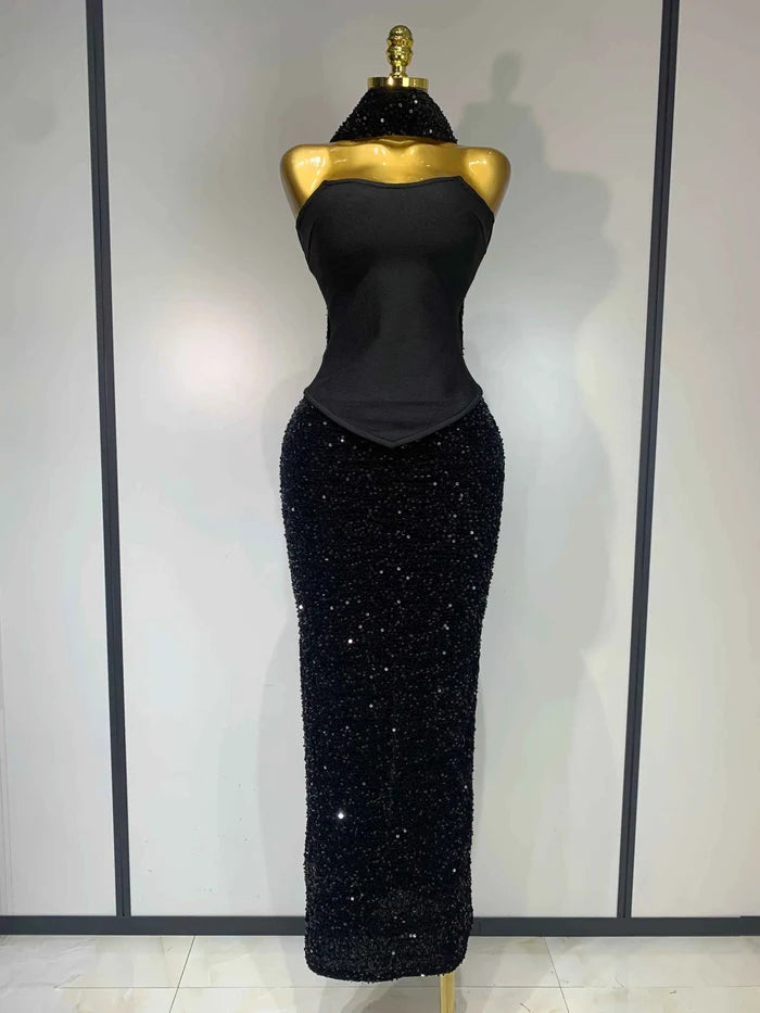 Mendi Sexy Strapless Sequin Black Maxi Long Bandage Three Piece Set