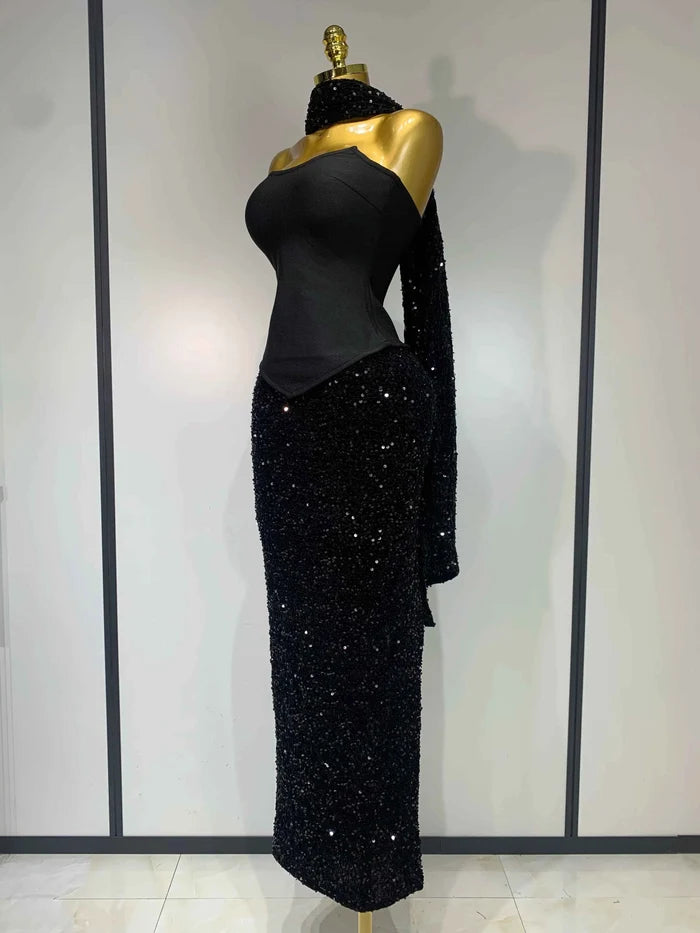 Mendi Sexy Strapless Sequin Black Maxi Long Bandage Three Piece Set