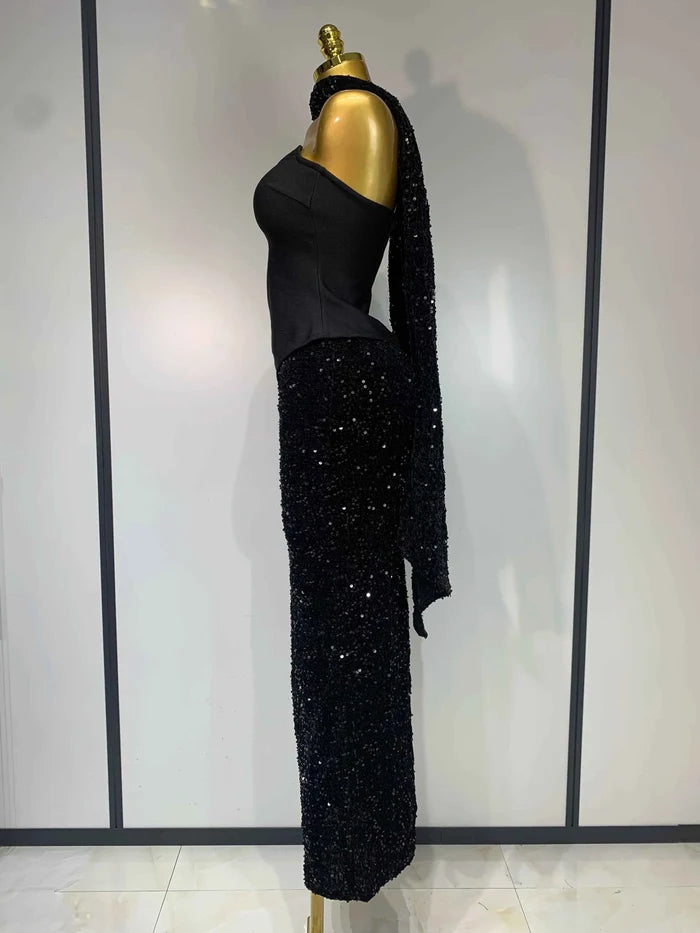 Mendi Sexy Strapless Sequin Black Maxi Long Bandage Three Piece Set