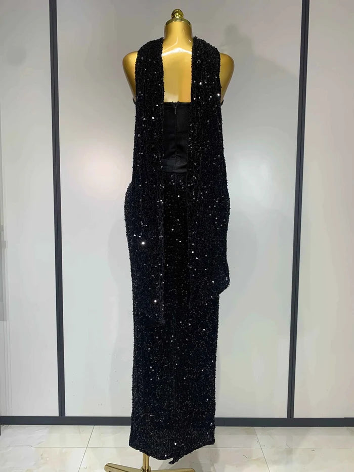 Mendi Sexy Strapless Sequin Black Maxi Long Bandage Three Piece Set