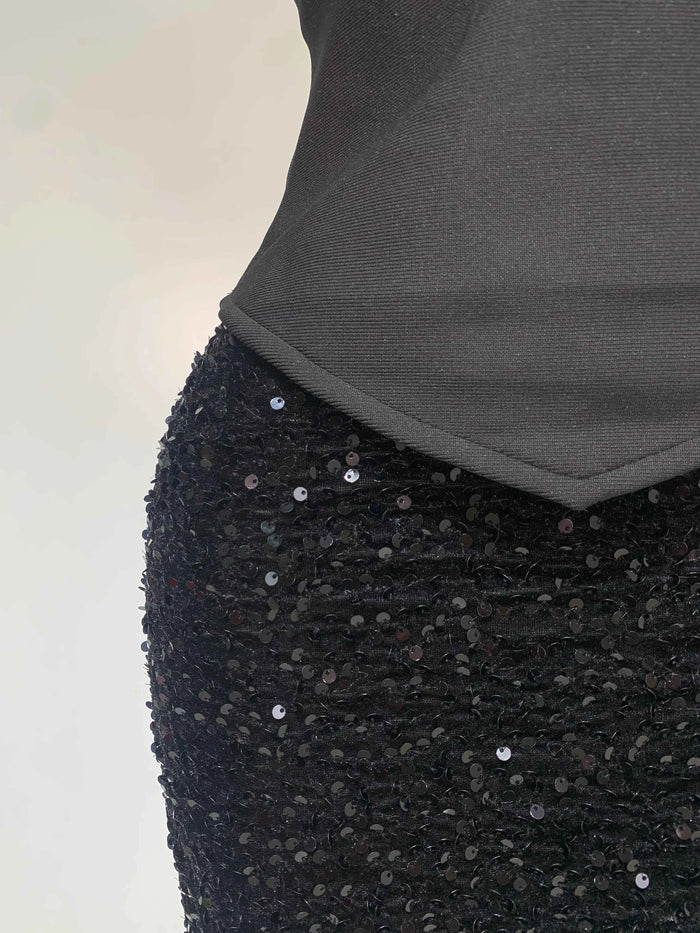 Mendi Sexy Strapless Sequin Black Maxi Long Bandage Three Piece Set