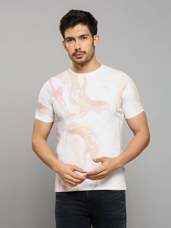 Men's Beige Printed Slim Fit T-Shirts
