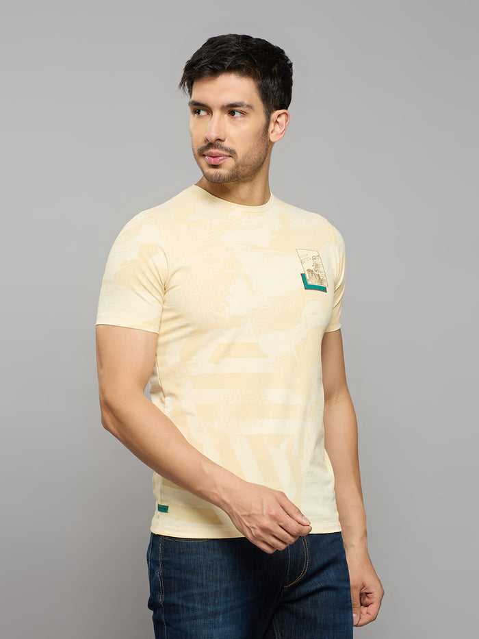 Men's Beige Printed Slim Fit T-Shirts
