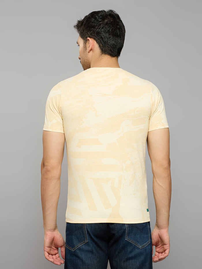 Men's Beige Printed Slim Fit T-Shirts