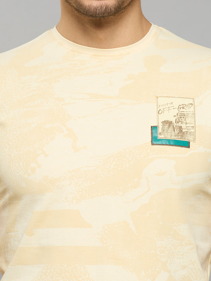 Men's Beige Printed Slim Fit T-Shirts