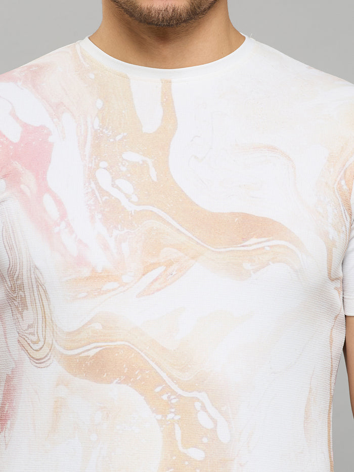 Men's Beige Printed Slim Fit T-Shirts