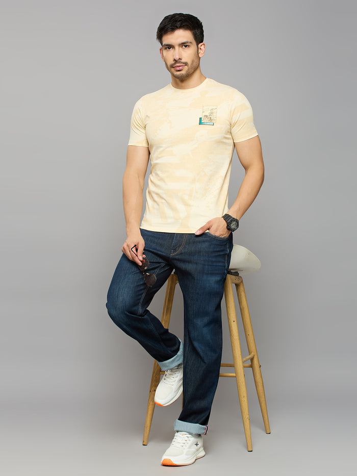 Men's Beige Printed Slim Fit T-Shirts