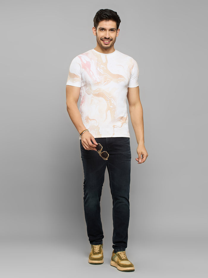 Men's Beige Printed Slim Fit T-Shirts