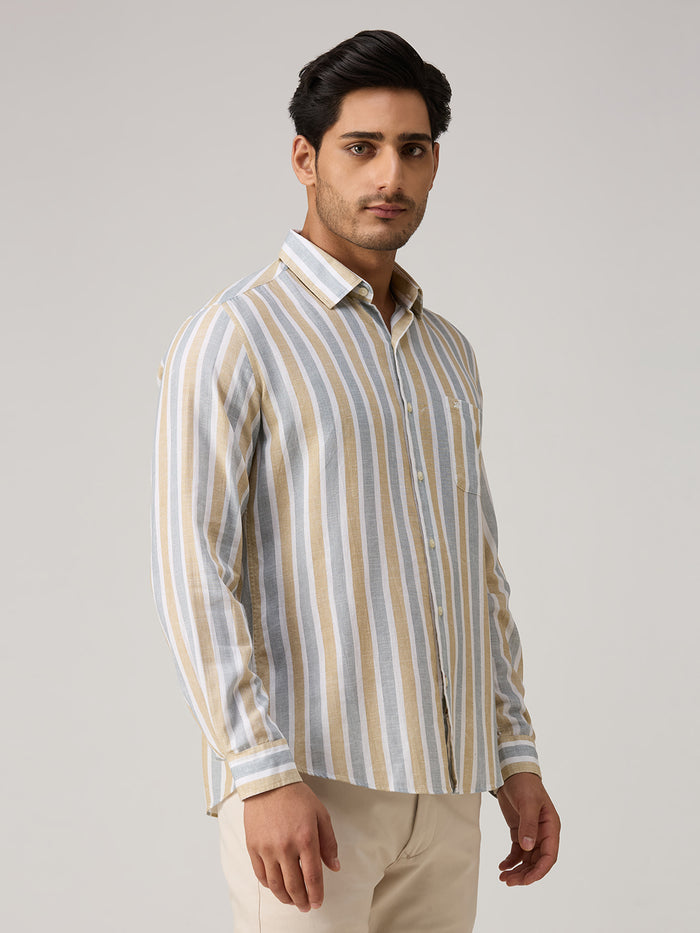 Men's Beige Stripe Slim Fit Shirts