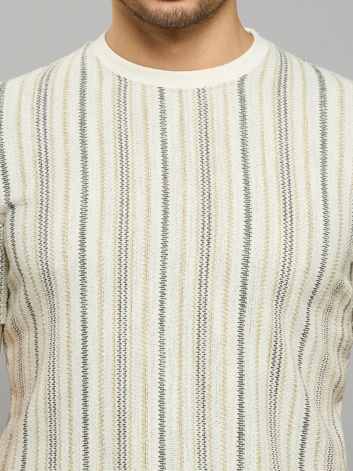 Men's Beige Striped Slim Fit T-Shirts