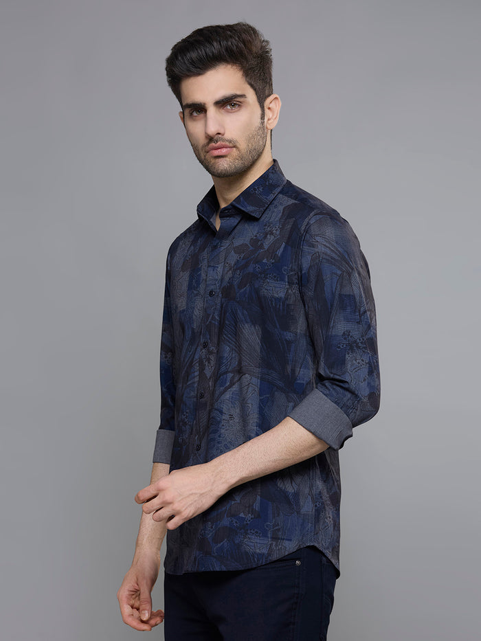 Men's Blue Printed Slim Fit Shirts