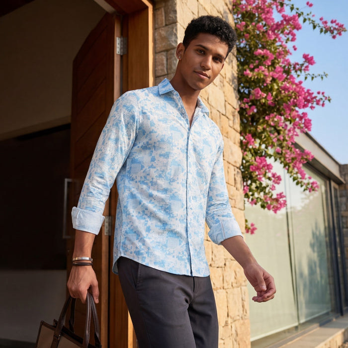 Men's Blue Printed Slim Fit Shirts