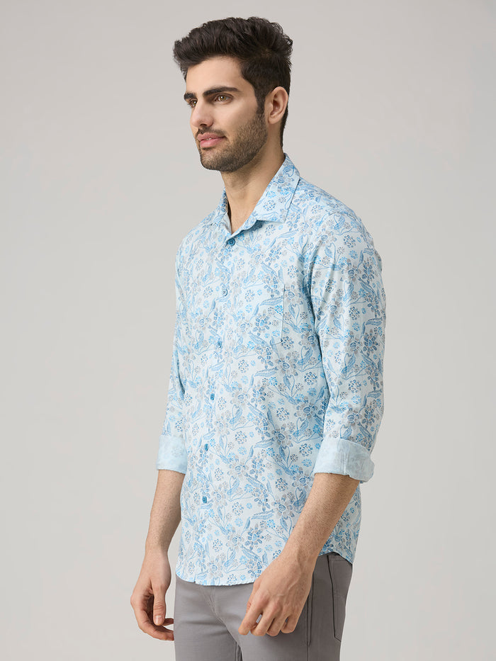 Men's Blue Printed Slim Fit Shirts