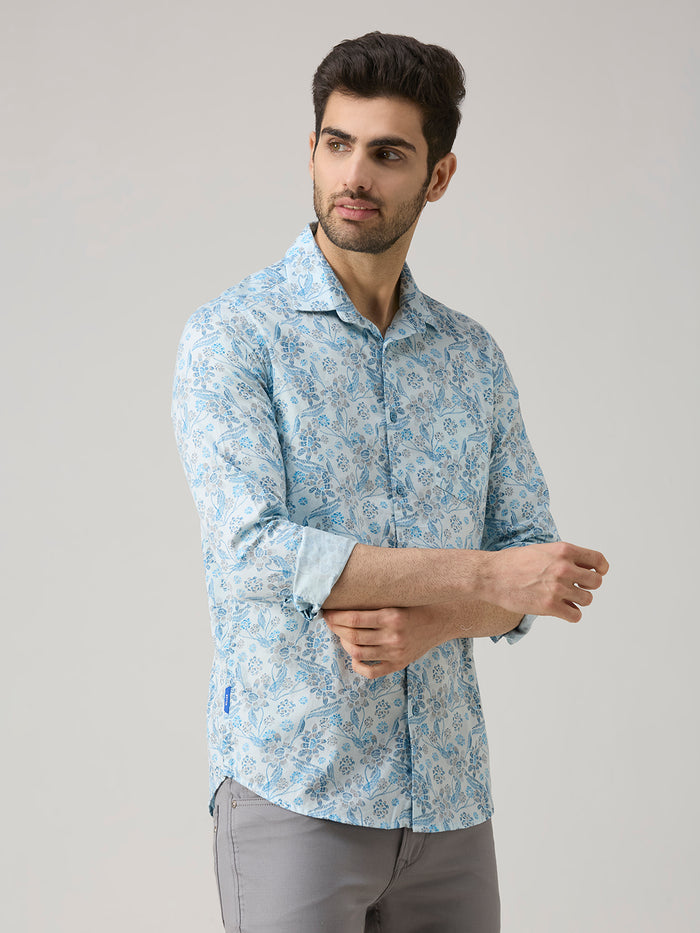 Men's Blue Printed Slim Fit Shirts