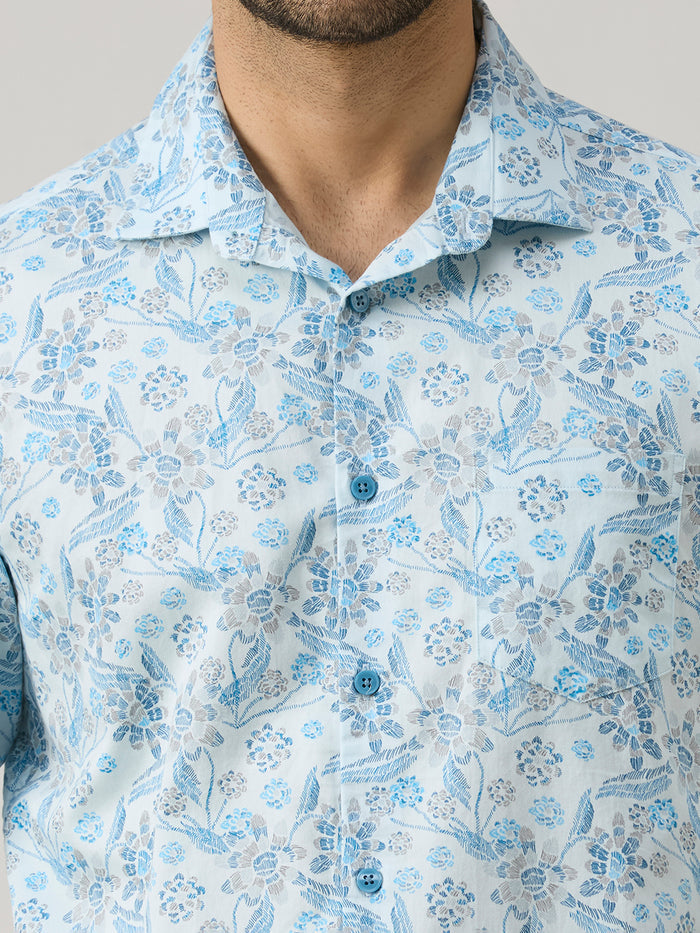 Men's Blue Printed Slim Fit Shirts