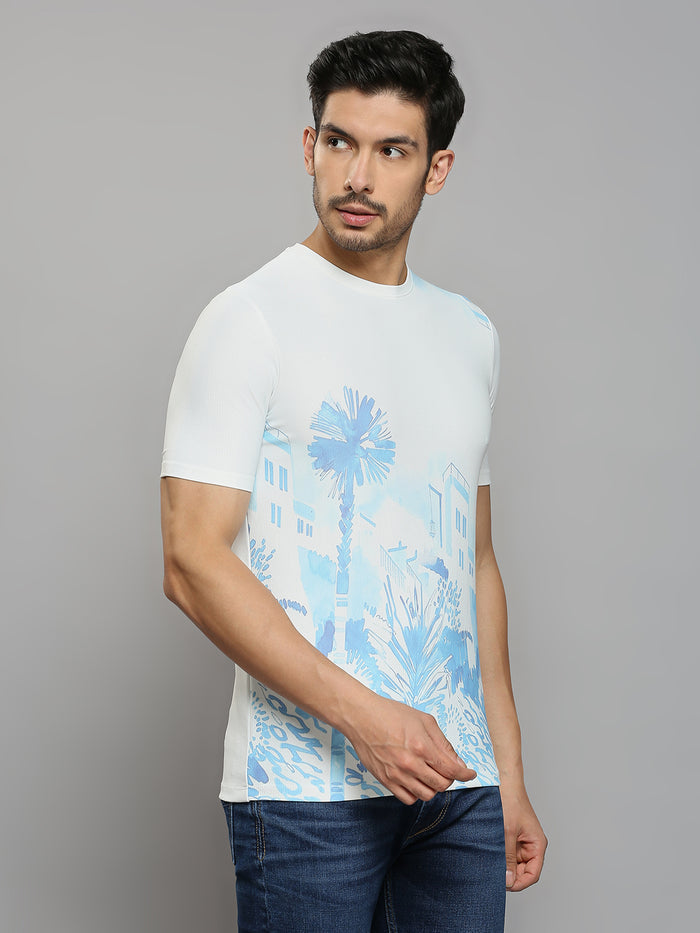 Men's Blue Printed Slim Fit T-Shirts