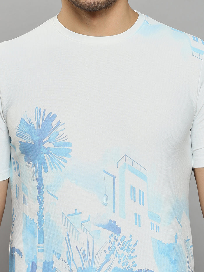 Men's Blue Printed Slim Fit T-Shirts