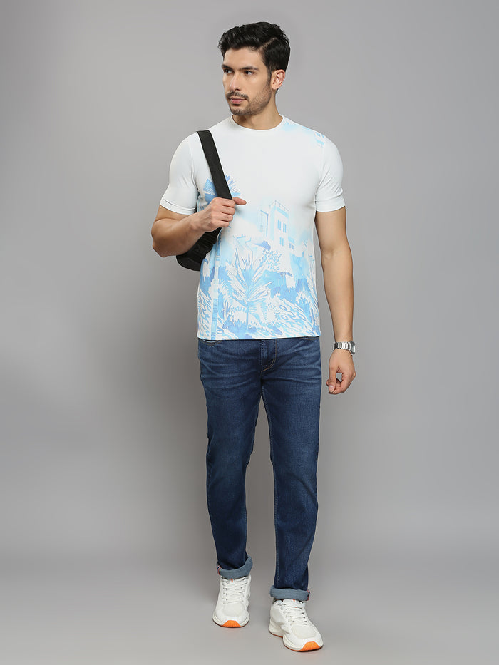 Men's Blue Printed Slim Fit T-Shirts