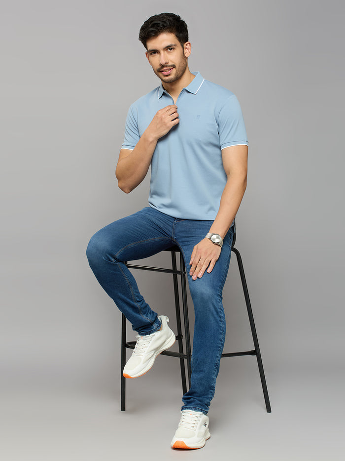 Men's Blue Solid Slim Fit T-Shirts