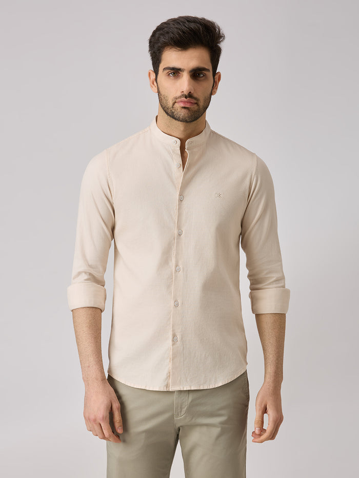 Men's Cream Printed Slim Fit Shirts