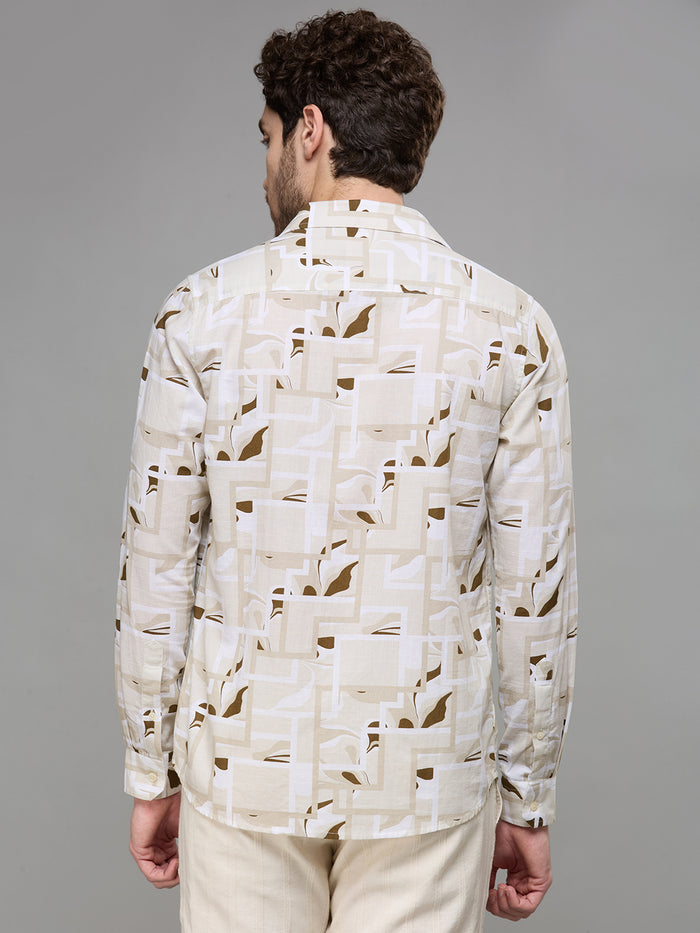 Men's Cream Printed Slim Fit Shirts