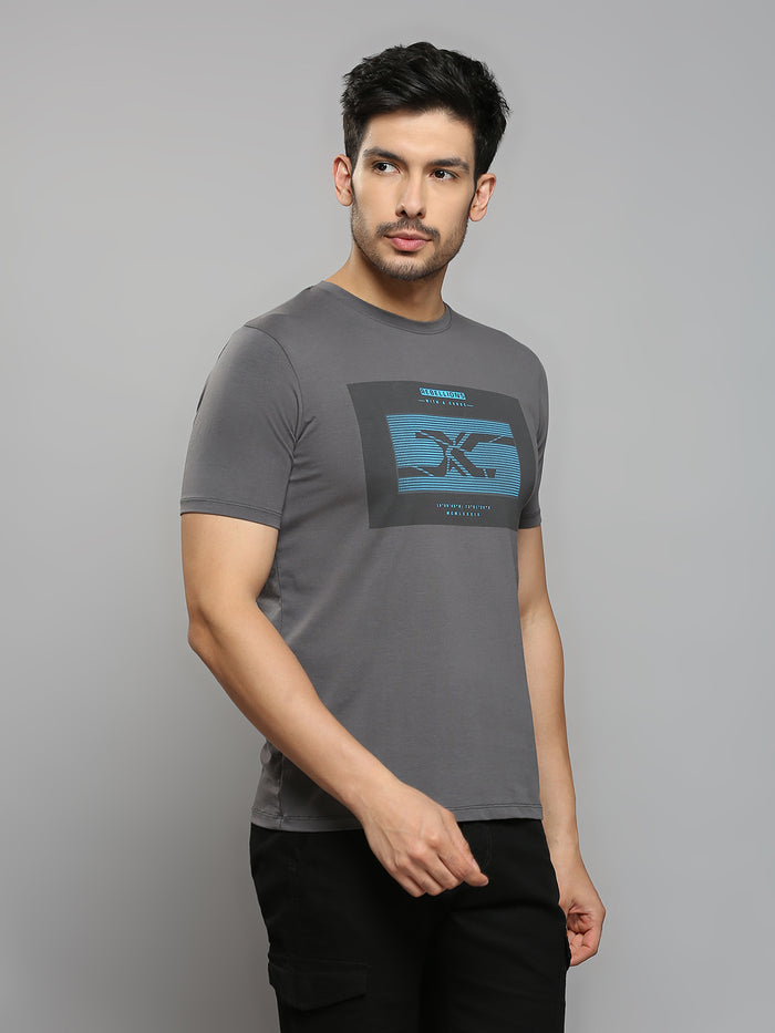 Men's Dark Grey Printed Slim Fit T-Shirts
