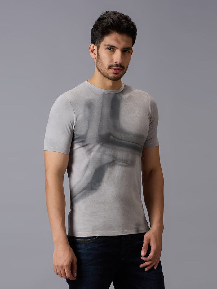 Men's Grey Printed Slim Fit T-Shirts