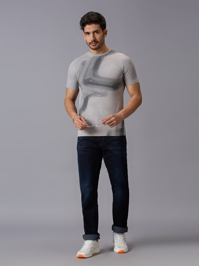 Men's Grey Printed Slim Fit T-Shirts