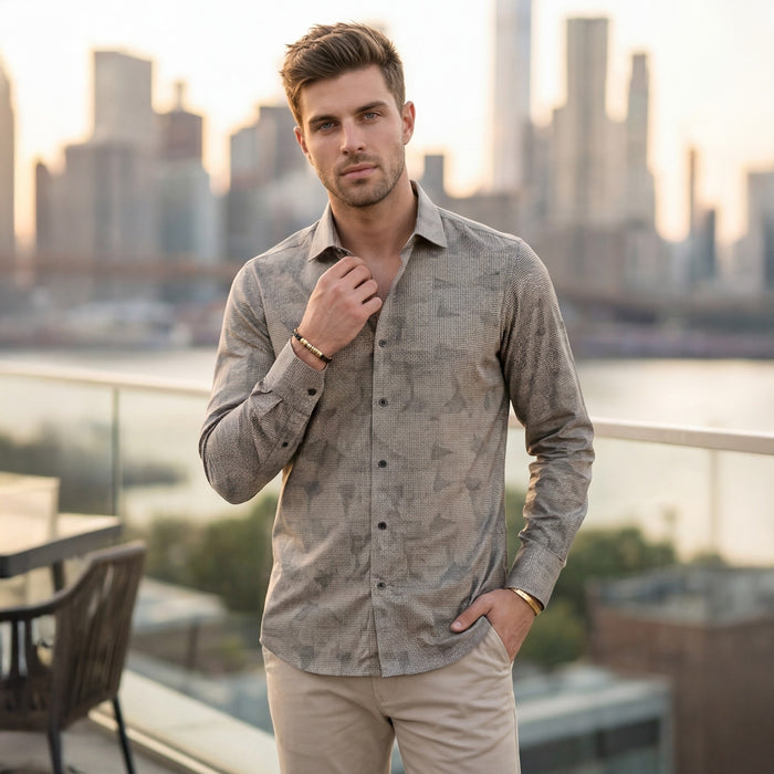 Men's Khaki Printed Slim Fit Shirts