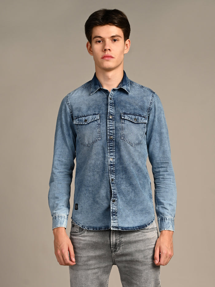 Men's Light Blue Solid Slim Fit Shirts