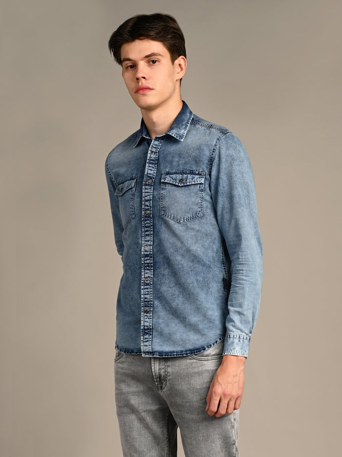 Men's Light Blue Solid Slim Fit Shirts