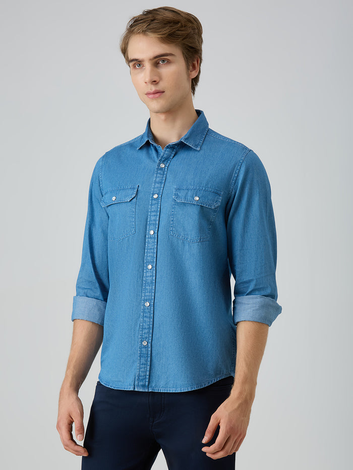 Men's Light Blue Solid Straight Fit Shirts