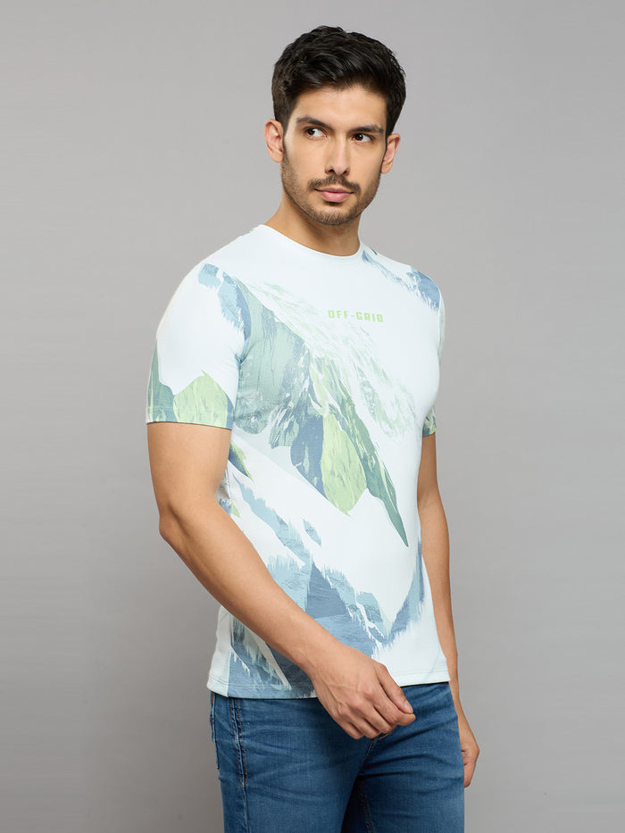 Men's Light Green Printed Slim Fit T-Shirts