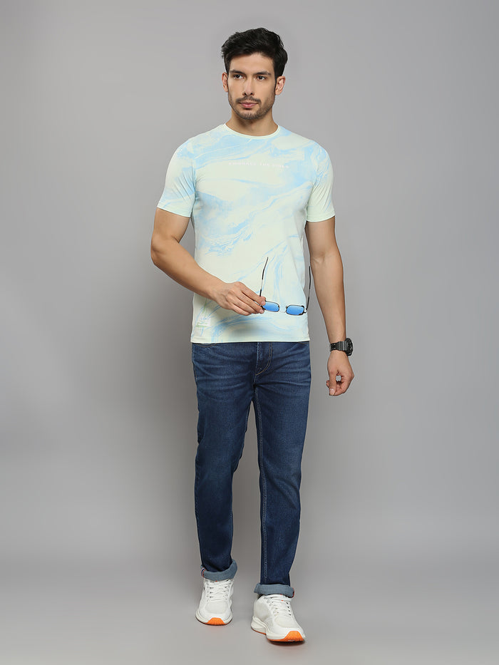 Men's Light Green Printed Slim Fit T-Shirts
