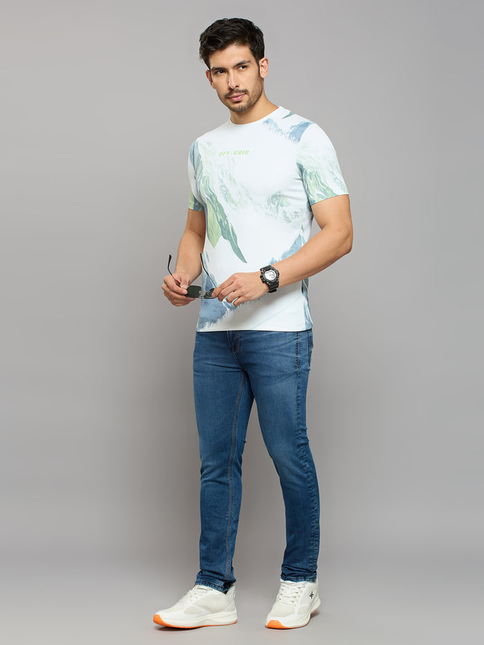 Men's Light Green Printed Slim Fit T-Shirts