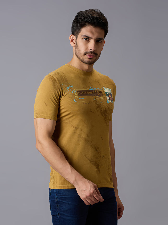 Men's Mustard Printed Slim Fit T-Shirts