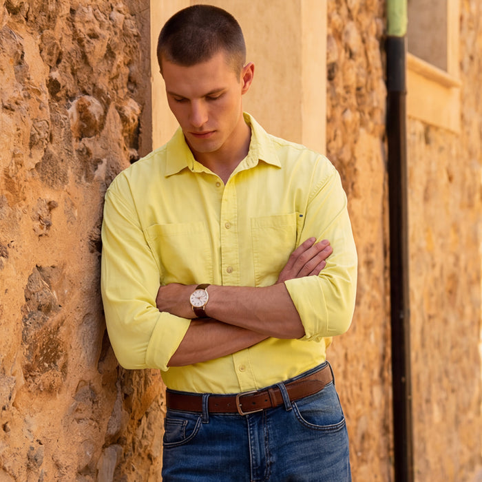 Men's Mustard Solid Loose Fit Shirts
