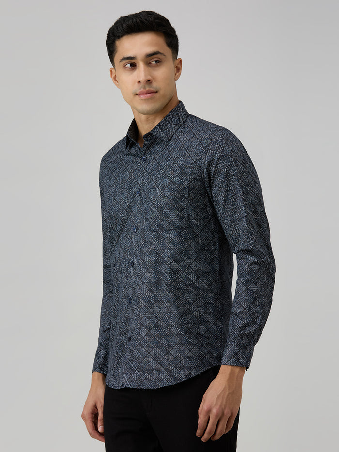 Men's Navy Blue Printed Slim Fit Shirts