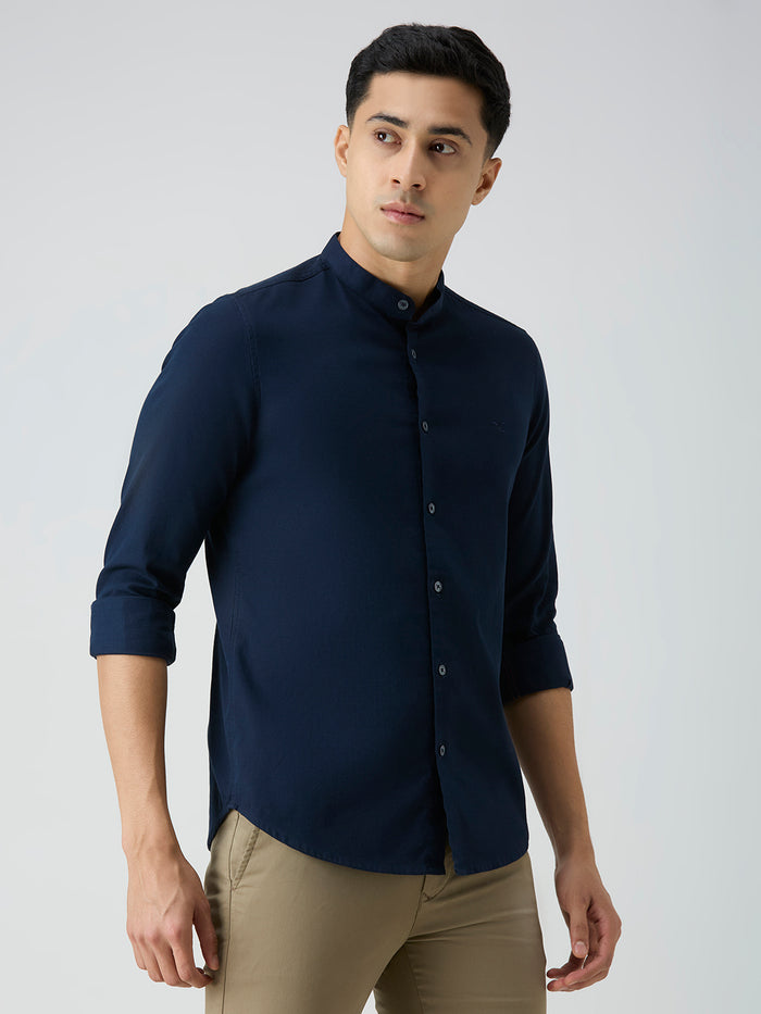 Men's Navy Blue Printed Slim Fit Shirts