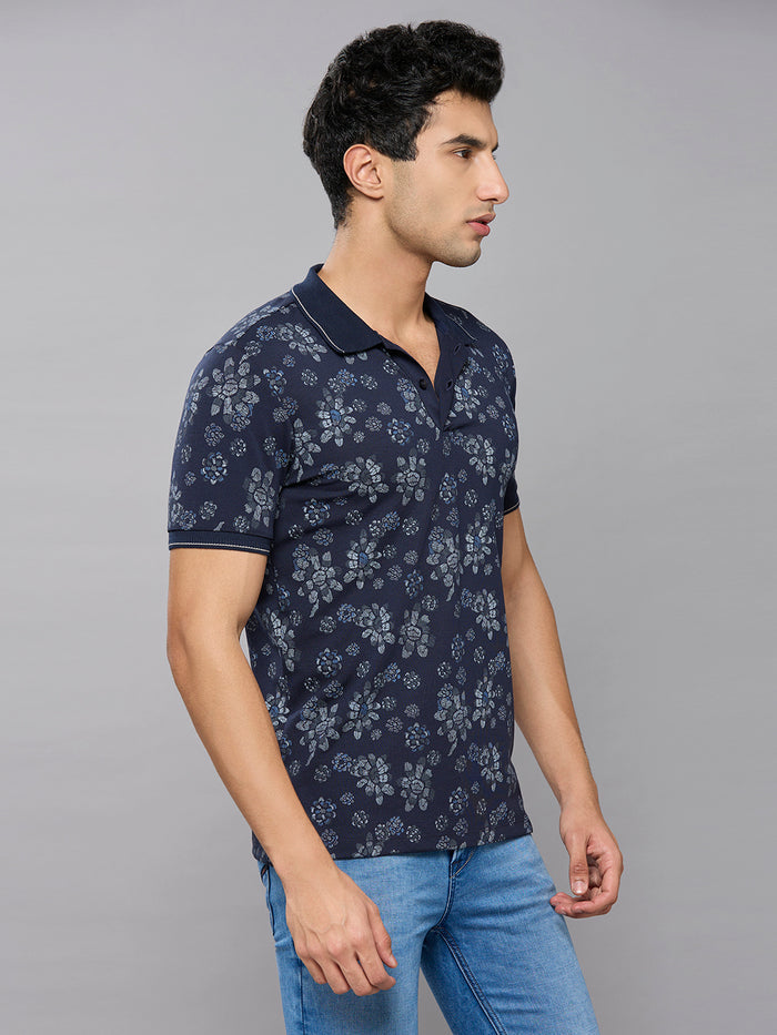 Men's Navy Blue Printed Slim Fit T-Shirts