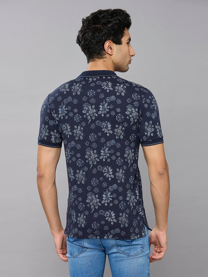 Men's Navy Blue Printed Slim Fit T-Shirts