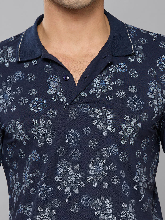 Men's Navy Blue Printed Slim Fit T-Shirts