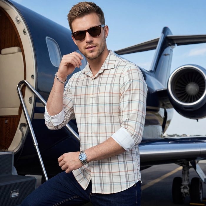 Men's Off White Checks Slim Fit Shirts
