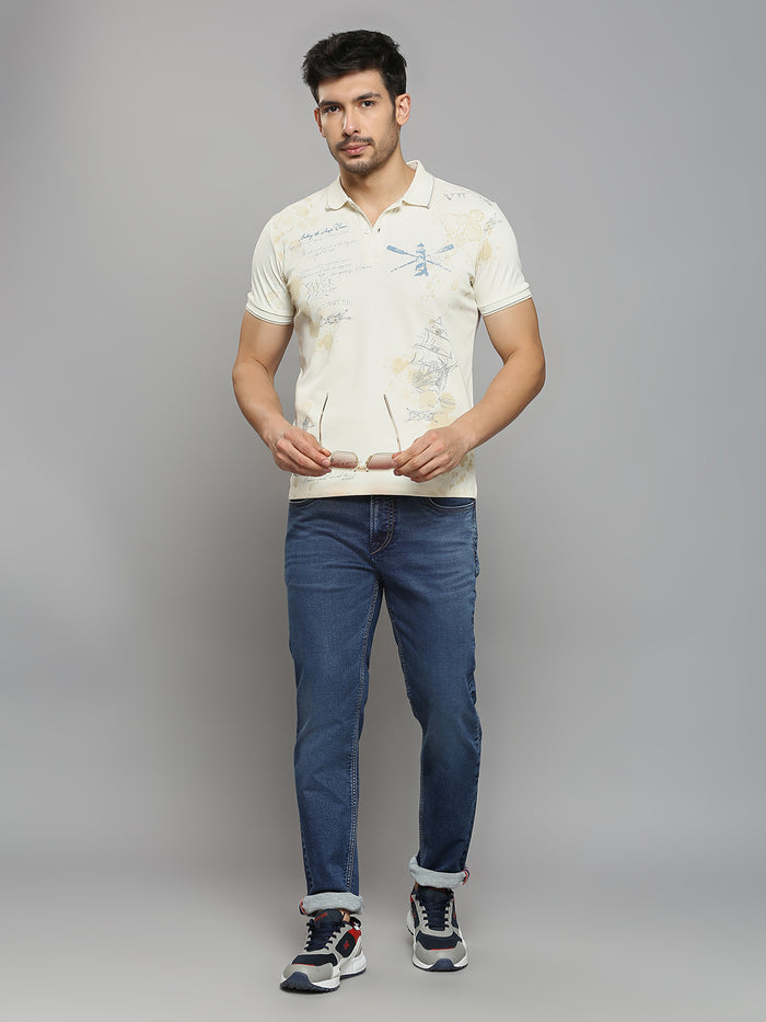 Men's Off White Printed Slim Fit T-Shirts