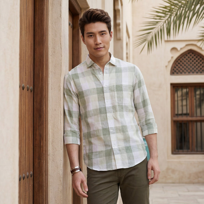 Men's Olive Green Checks Slim Fit Shirts