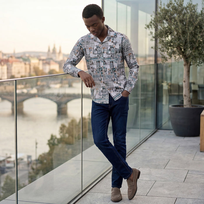 Men's Olive Printed Slim Fit Shirts