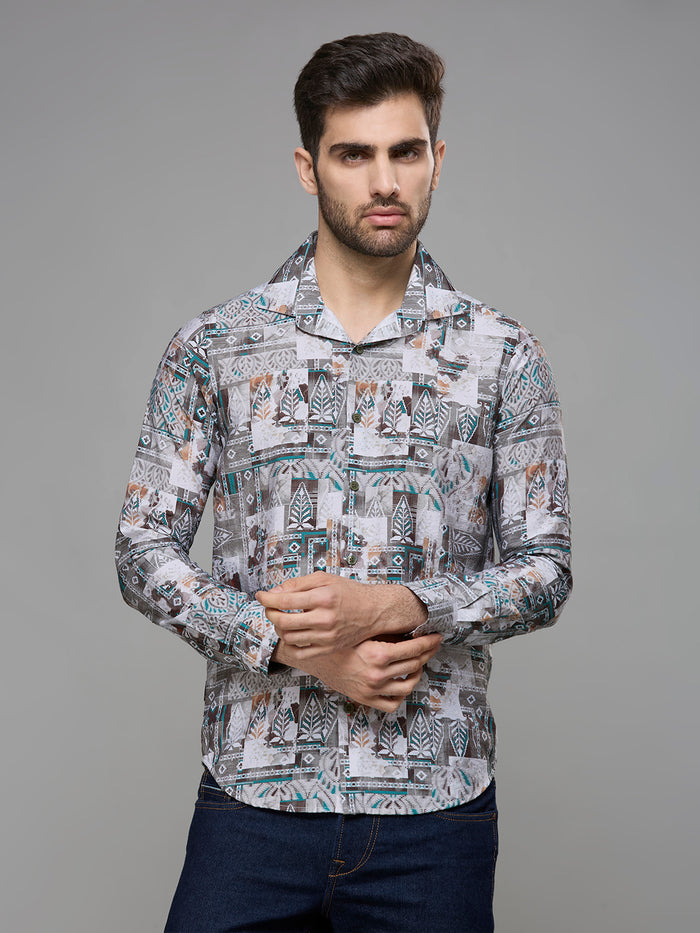 Men's Olive Printed Slim Fit Shirts