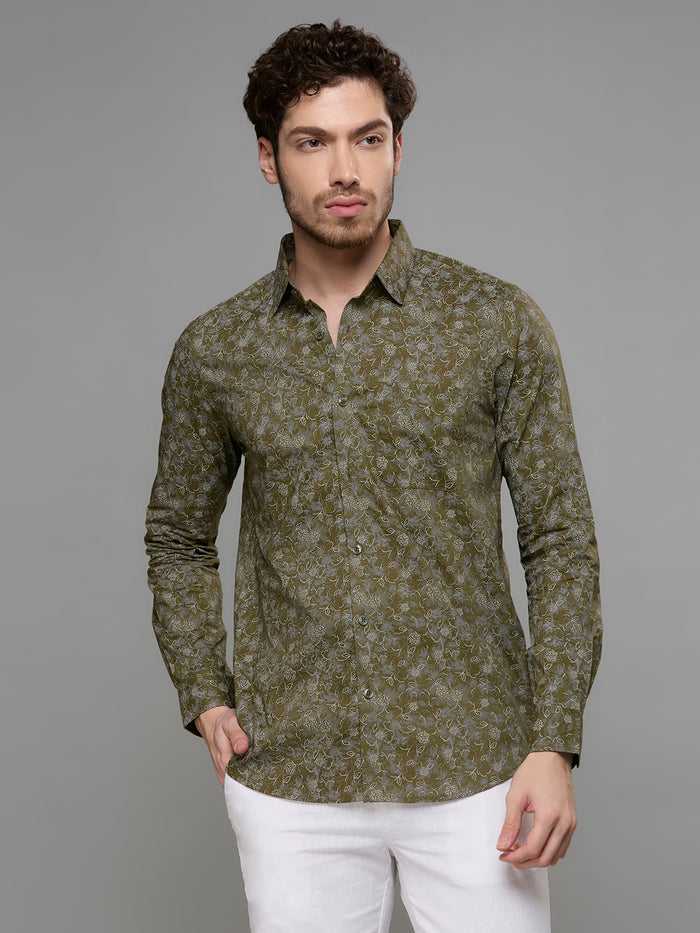 Men's Olive Printed Slim Fit Shirts