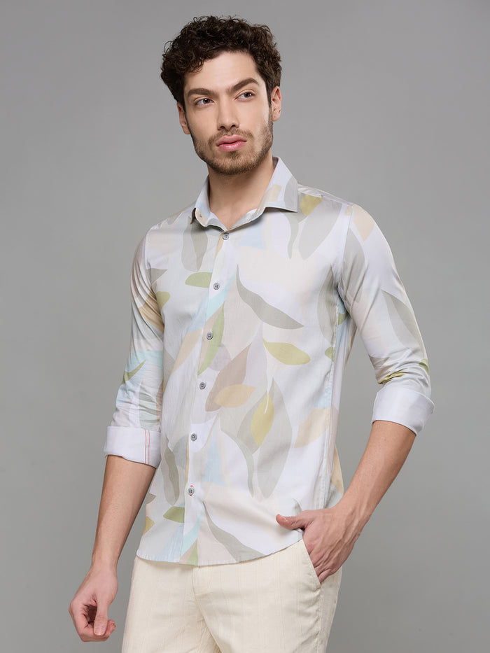 Men's Olive Printed Slim Fit Shirts